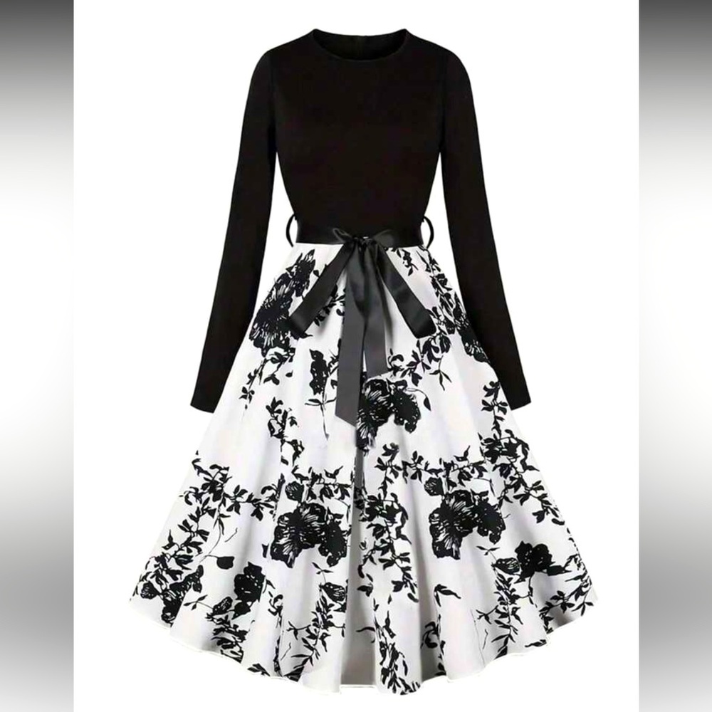 Black & White Floral A-Line Long Sleeve Dress with Satin Waist Tie